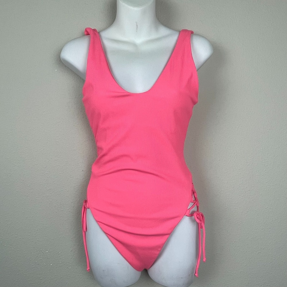 Becca by Rebecca Virtue Hot Pink High Cut Lace Up Ribbed One-Piece Swimsuit Sz M